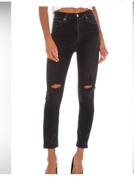 Agolde Denim - AGOLDE Nico High Rise Slim Jeans Black Distressed Button Fly Denim 24